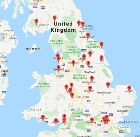 Map of Local UK casinos.