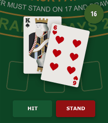 A hard blackjack hand offering the option to hit or stand.