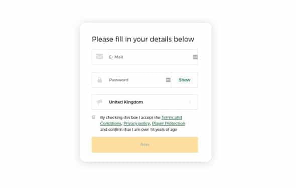 The sign-up form at an online casino.