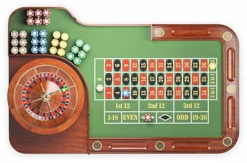 A colourful European roulette wheel and betting table.