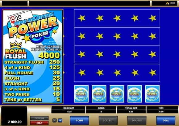 The game screen for the Tens or Better Power video poker game.