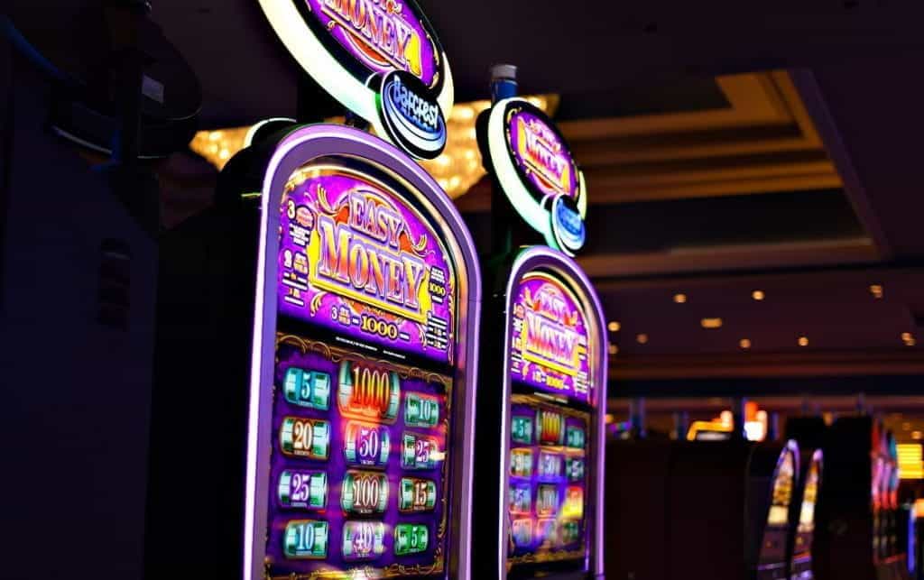 Colorful slot machines in a casino.