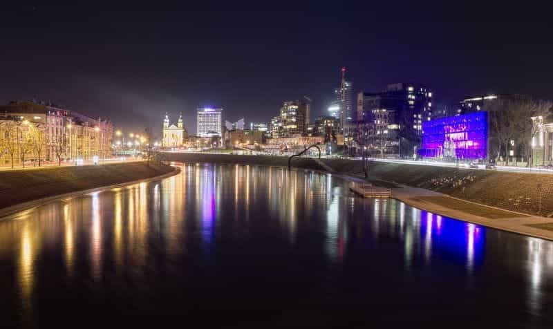 The Lithuanian capital city of Vilnius at nighttime.