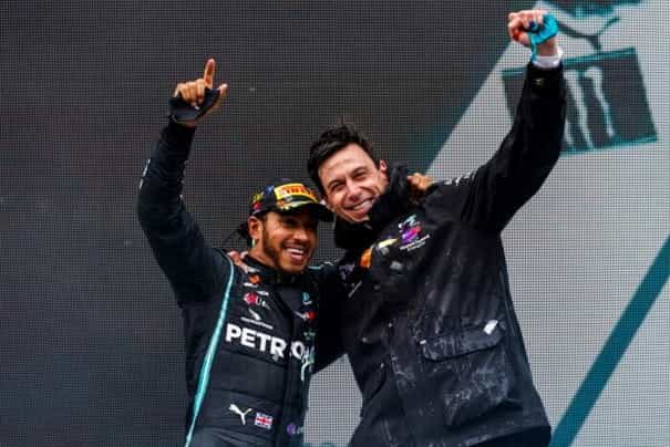 Lewis Hamilton and team boss Toto Wolff.