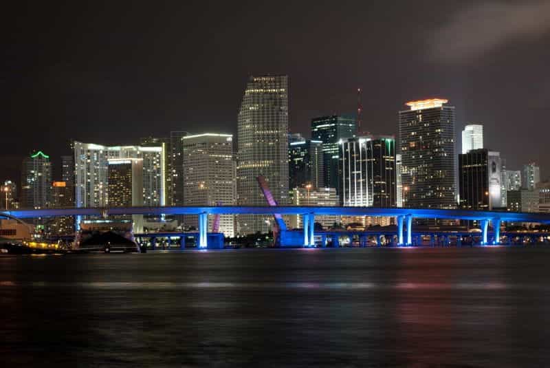 High-rise buildings in Miami, Florida by night.
