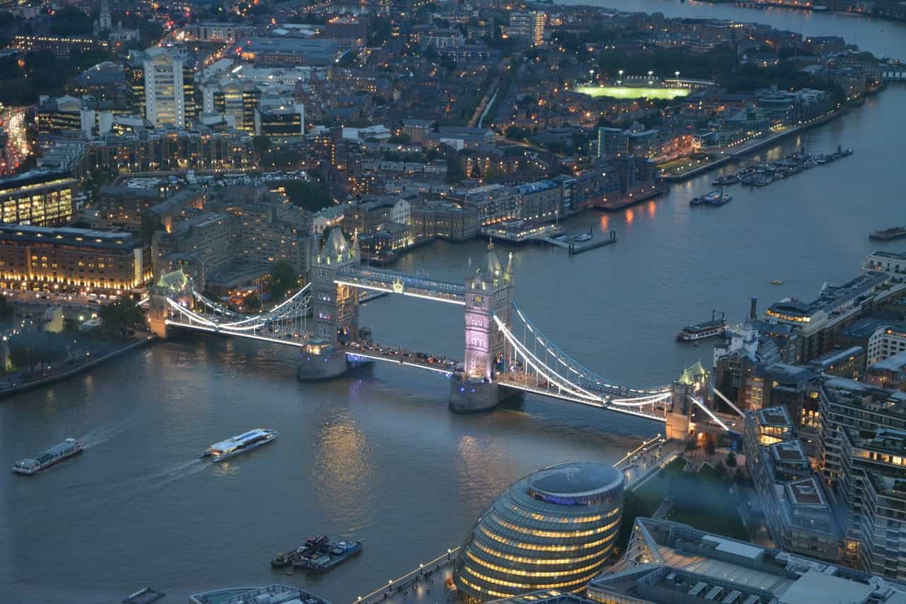 Tower Bridge and the River Thames in London.