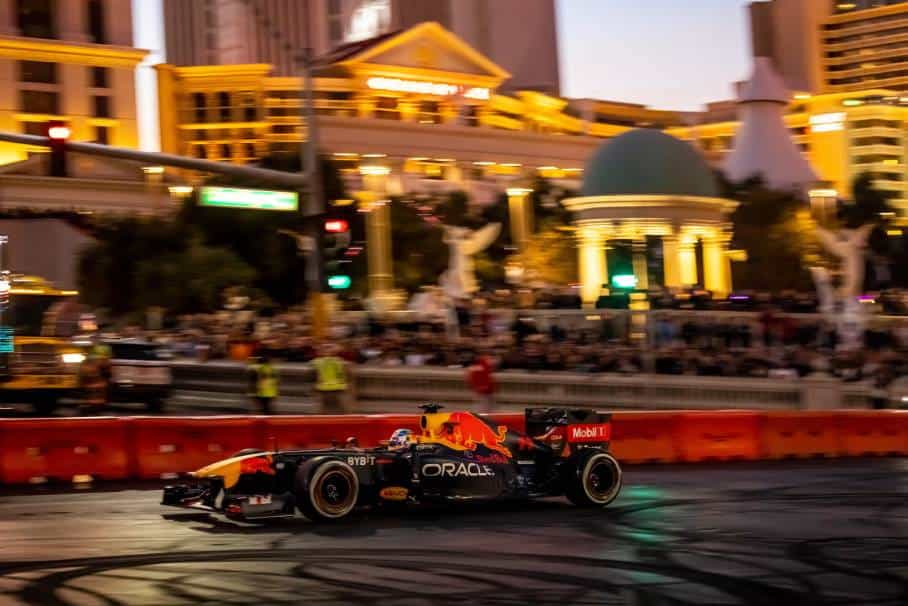 Sergio Perez demonstrating his Red Bull on the Las Vegas streets.